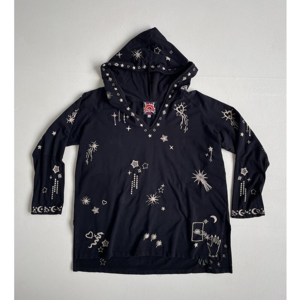 Johnny Was Black Embroidered Celestial Star Hoodie / XL / Boho Whimsy Grunge